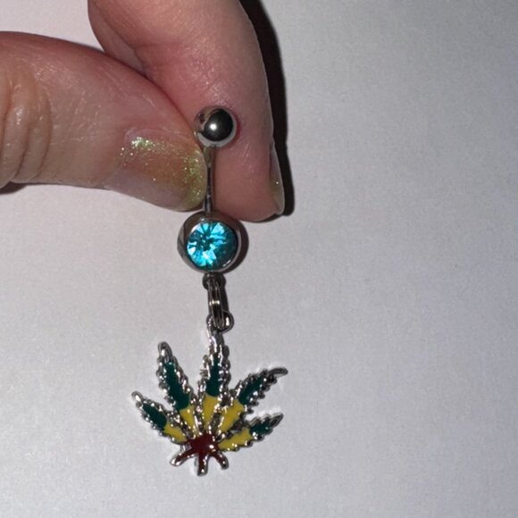 Aqua Blue Gem Dark Rasta Pot Leaf Dangle Belly Ring - Picture 5 of 8